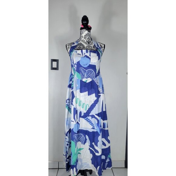 White Closet Elements Dresses & Skirts - White Closet Elements Long Blue and White HalterNeck Dress LINEN SZ Medium